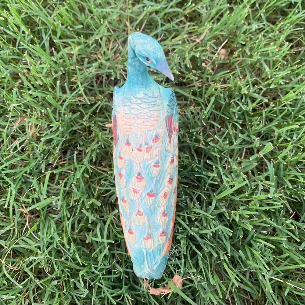 Bird Carved Colorful Wood Peacock Bird Figurine Vintage Decor